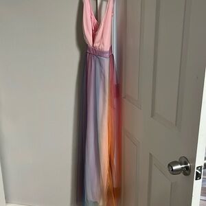 Long Rainbow Tulle Prom Dress